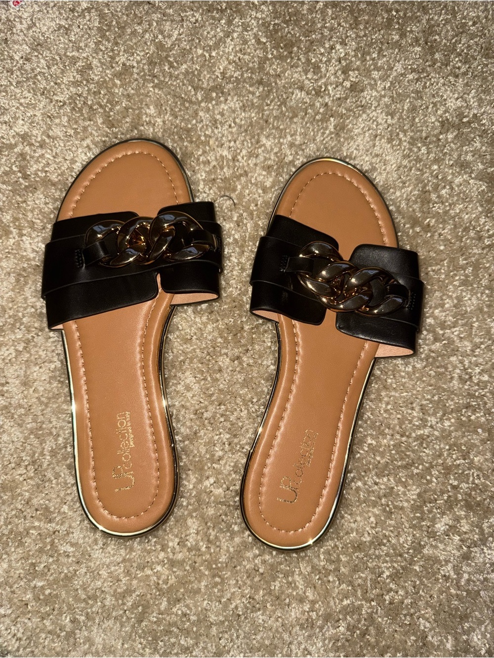 Black Slide Sandals with Gold Chain Accent